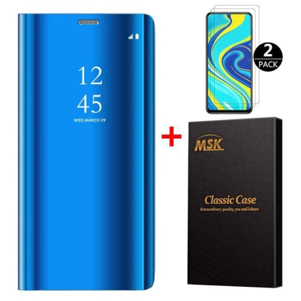 Xiaomi Redmi Note 9S + etui [2-pak] hærdet glas, spejl-etui med stand Flip-beskyttelse til Xiaomi Redmi Note 9S - Blå