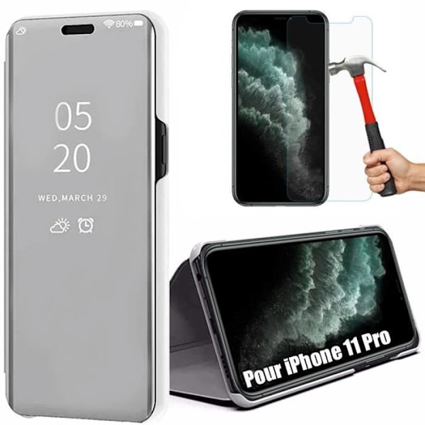 Skyddsfodral för iPhone 11 Pro - E.F.CONNECTION - Set med 2 härdade glasögon - Silver - Soft Smart View Silver