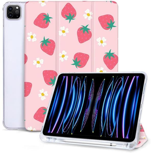 Skyddsskal - E.F.Connection - för iPad Pro 11" - Jordgubbsmönster - Fällbart Lock - Optimal Skydd Röd, Grön, Vit, Gul