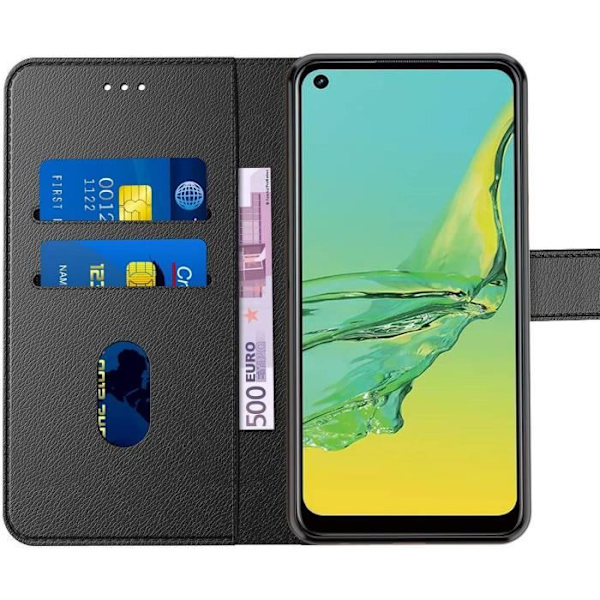 Skyddsfodral för OPPO A53S - E.F.CONNECTION - Svart - Lädereffekt - Mjuk - Kortplatser Svart