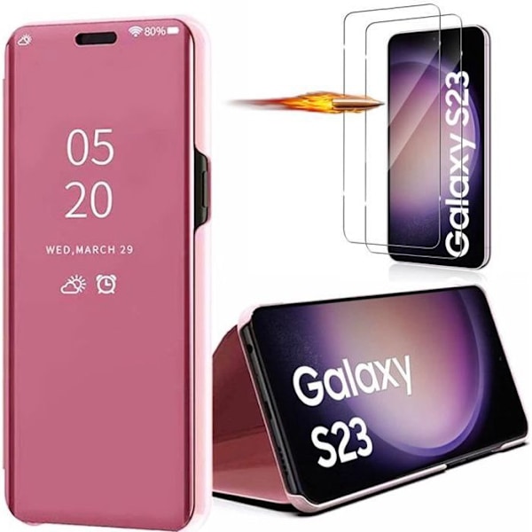 Fodral till Samsung Galaxy S23 med 2 härdade glasögon integrerat skydd Spegeleffekt Smart Fodral Rosa Rosa