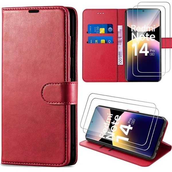 Coque + 2 Nedsjunkna Glas för Xiaomi Redmi Note 14 Pro 5G (inte för 4G) Skydd Läder Effekt Röd Röd