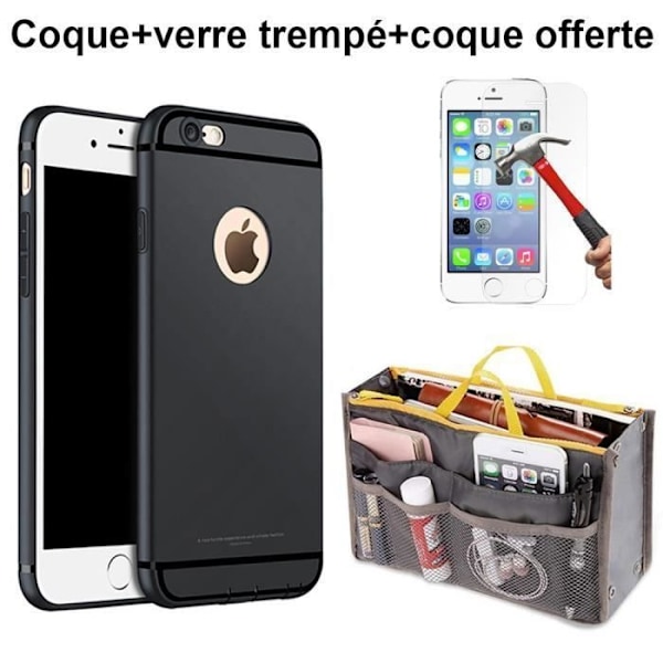 Pack för iPhone 7 - E.F.CONNECTION - Svart Silikonetskydd - Härdat Glas - Gratis Väska - Stötabsorberande Svart