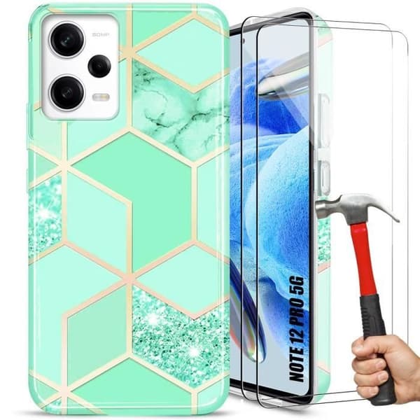 Coque och Tempererade Glas - E.F.CONNECTION - För Xiaomi Redmi Note 12 Pro 5G - Stötresistent - Marmor Mönster - Elegant Turkos