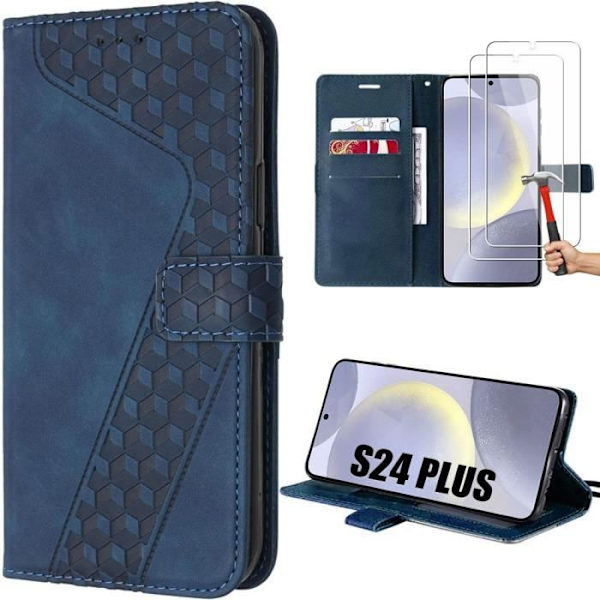 Etui til Samsung Galaxy S24 Plus (S24+), Flip-etui i syntetisk læder med mosaikmønster - Marineblå + 2 9H hærdede briller