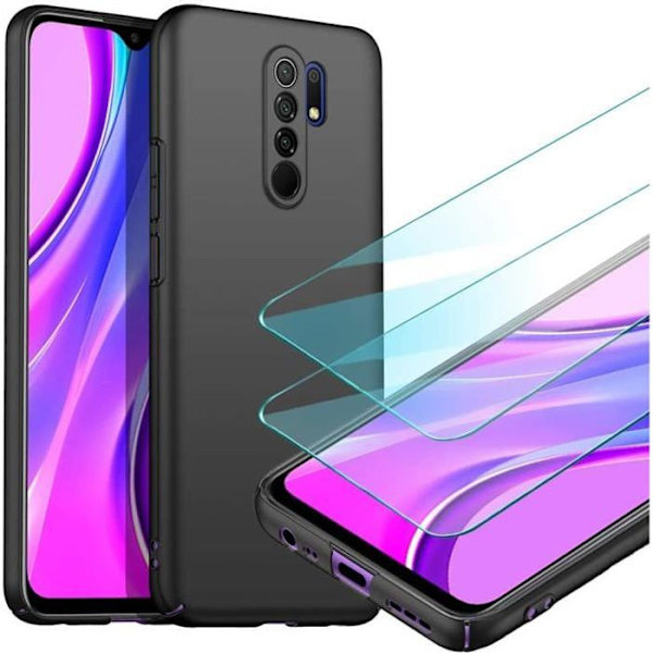 Xiaomi Redmi 9 etui + hærdet glas skærmbeskytter, sort meget tyndt beskyttelsescover Hard Cover Cover Cover til Xiaomi