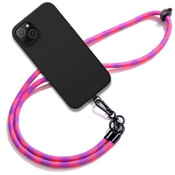 Lanyardfodral till iPhone 15 Plus, Stötsäkert svart silikon med rosa löstagbart band