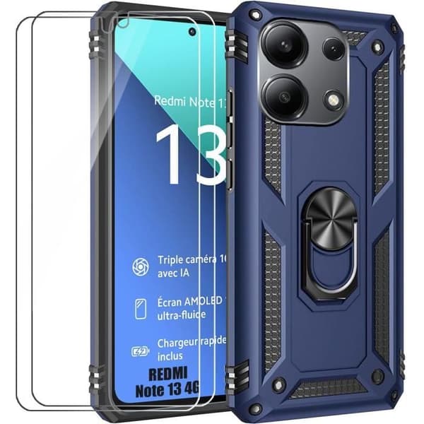 Coque + Härdat Glas - E.F.Connection - för Xiaomi Redmi Note 13 4G - Mörkblå - 360° Stöd - Förstärkt marinblå