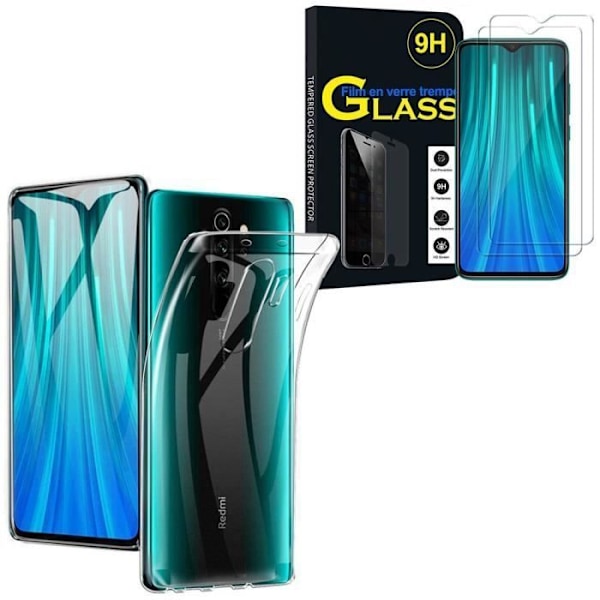 Til Xiaomi Redmi Note 8 Pro 6.53": UltraSlim gel silikone etui - TRANSPARENT + 2 film af hærdet glas