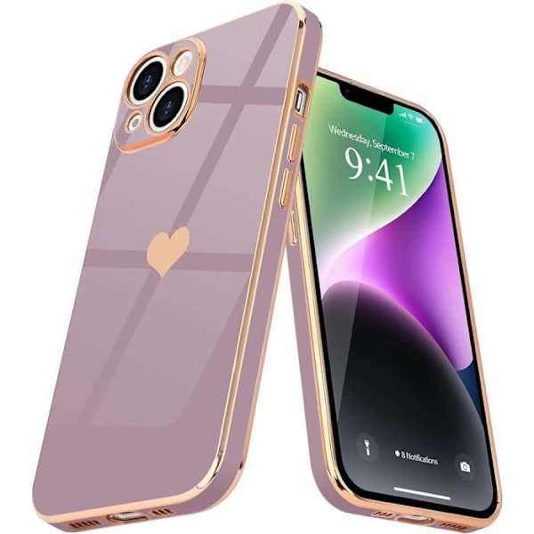 Fodral för iPhone 14, flytande silikon med pläterat och guldhjärta kärleksmönster, stötsäkert skydd, lila