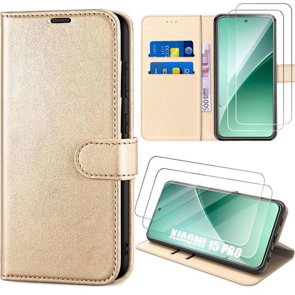 Coque + 2 Tårede Glas til Xiaomi 15 Pro, Stød- og Ridsefrit Beskyttelse i Syntetisk Læder - Gylden gyllene