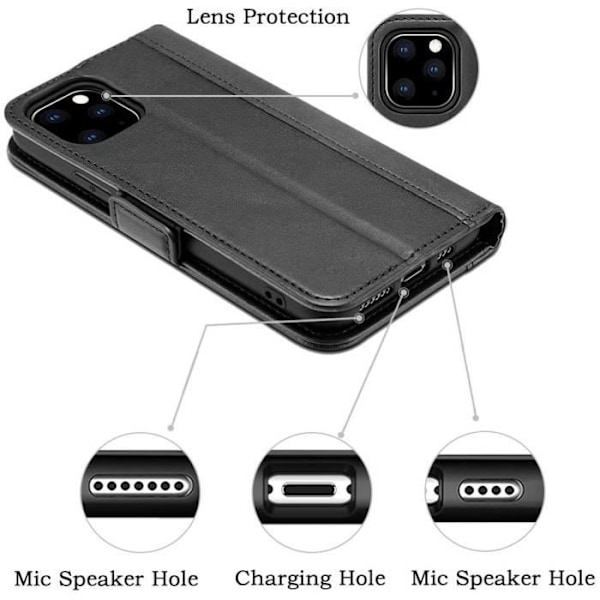 Coque Etui Rabat - E.F.CONNECTION - för iPhone 11 Pro Max - Syntetiskt Läder Svart - Härdat Glas - 360° Skydd Svart