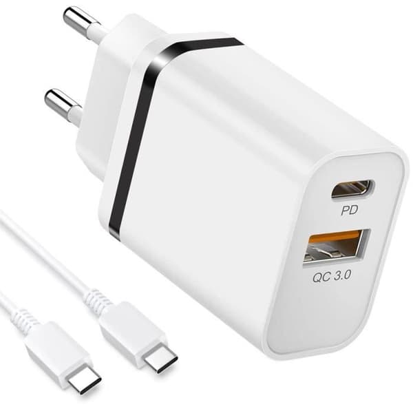 Laddare Snabb 2 portar - E.F.CONNECTION - OPPO A15 A16 A52 - USB-C - Kompakt design - 1M Vit