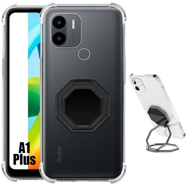 Fodral till Xiaomi Redmi A1+-A1 Plus Transparent Stötsäker med hopfällbart stativ Metallsvart