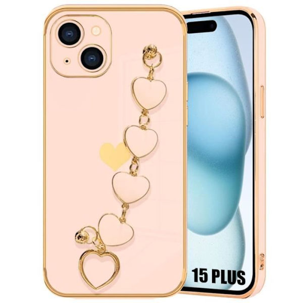 Hjärtaarmbandsfodral för iPhone 15 Plus, Ultra Slim Lätt Anti-Shock Anti-Scratch Skydd - Rosa