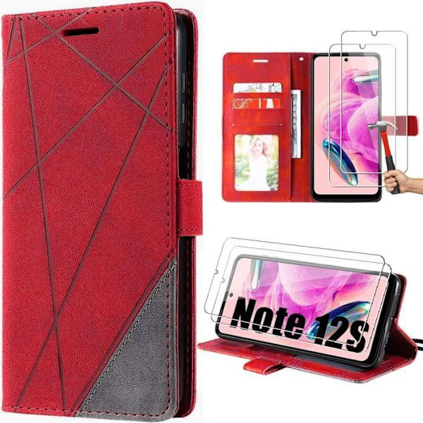 Coque - E.F.Connection - Redmi Note 12S - Retro Læder Etui - 2 Hærdede Glas - Rød Röd