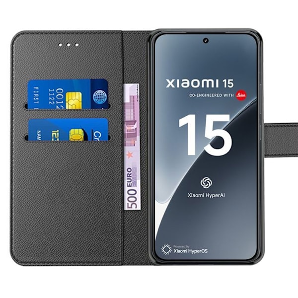 Coque + 2 Glasskærme til Xiaomi 15, Beskyttelse Flip Case Anti-Rids Stødsikker Syntetisk Læder Blød - Sort Svart