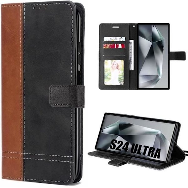 Skyddsfodral för Samsung Galaxy S24 Ultra - Repellerande fodral - Tvåfärgad läderlook Brun-Svart - Flexibelt - Flipfodral Brun svart