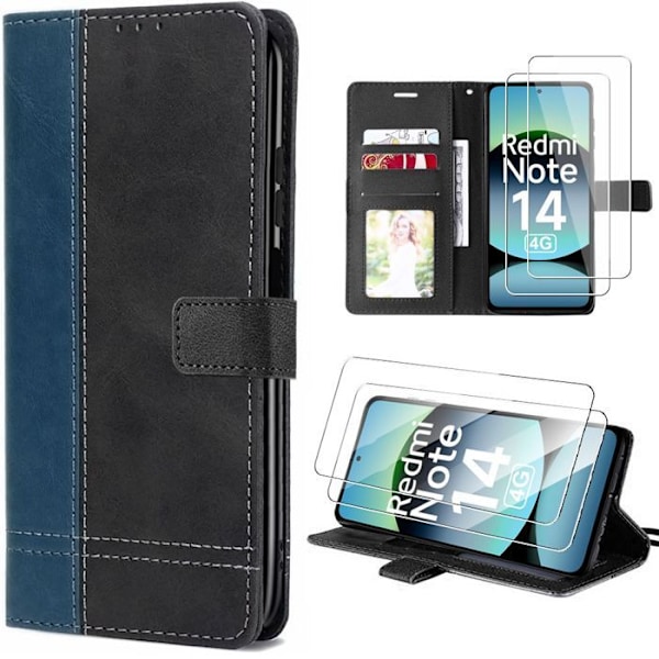 Coque + 2 Glaser med Rude til Xiaomi Redmi Note 14 4G (ikke til 5G) Beskyttelse mod Ridser Effekt Læder Mørkeblå Marinblå, svart