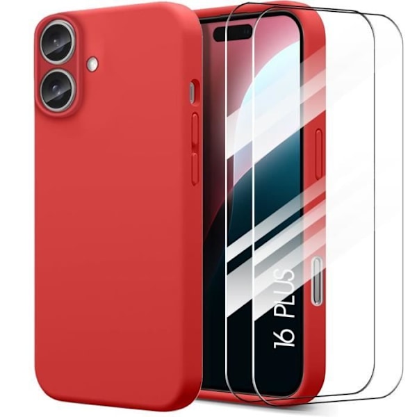 Fodral med 2 härdade glasögon för iPhone 16 Plus, mattröd skyddande silikon Stötsäker Slim