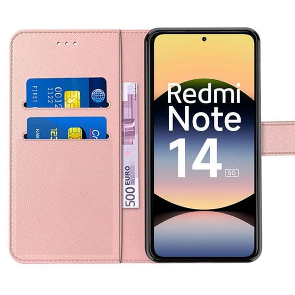 Skyddsfodral - E.F.CONNECTION - För Xiaomi Redmi Note 14 5G - Rosa PU-läder - Stötabsorberande - 2 Härdat glas Rosa