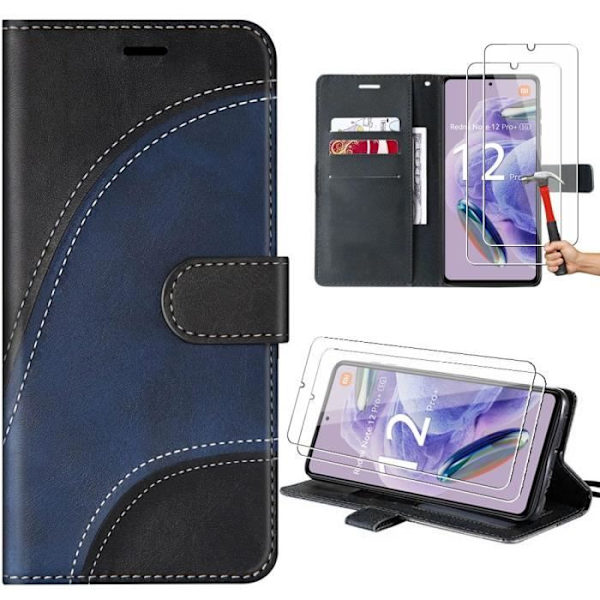 Coque - E.F.Connection - Redmi Note 12 Pro+ 5G - PU-Läder - Svart - 2 Härdat Glas Svart