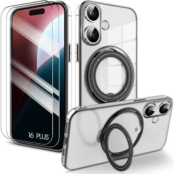 Fodral + 2 härdade glasögon för iPhone 16 Plus med roterande magnetstöd - svart kantskydd