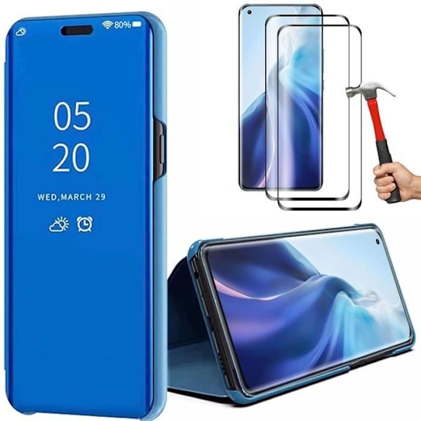 Etui til Xiaomi Mi 11 Pro Mirror Effect Blue Translucent Window + 2 hærdede briller Blå