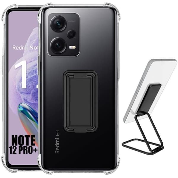 Coque Silicone - E.F.CONNECTION - För Xiaomi Redmi Note 12 Pro+ 5G - Stötabsorberande - Fällbart Stöd - Svart Transparent Transparent