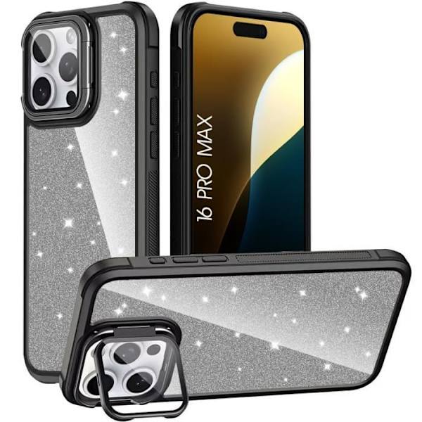 Cover til iPhone 16 Pro Max, gennemsigtig glitter stødsikker beskyttelse med kamerabeskyttelse - sort