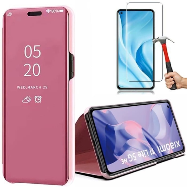 Fodral till Xiaomi Mi 11 Lite + 2 härdade glasögon. Translucent spegeleffektfodral Förstärkt skydd Rosa Rosa