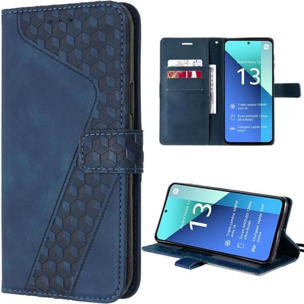 Coque - E.F.CONNECTION - För Xiaomi Redmi Note 13 4G - PU-läder - Kubmönster - Kortfack - Mörkblå marinblå