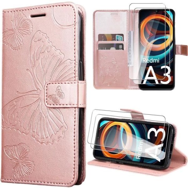 Coque för Xiaomi Redmi A3 - Rosa - Läderlook med fjäril - Kortfack - Ställning - 2 härdat glas Rosa