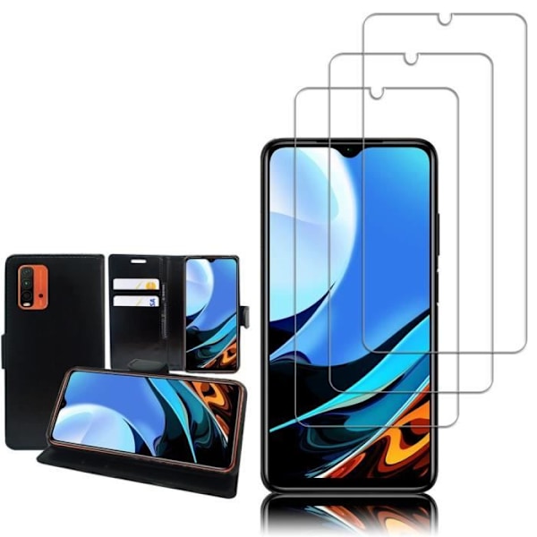 Til Xiaomi Redmi 9T- 9 Power 6,53": PU-læder Video Support pung etui - SORT + 3 film af hærdet glas SVART