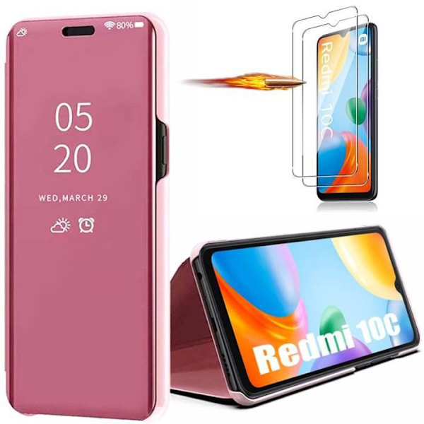 Fodral till Xiaomi Redmi 10C + 2 härdade glasögon Spegeleffekt Skydd Rosa Klar sikt