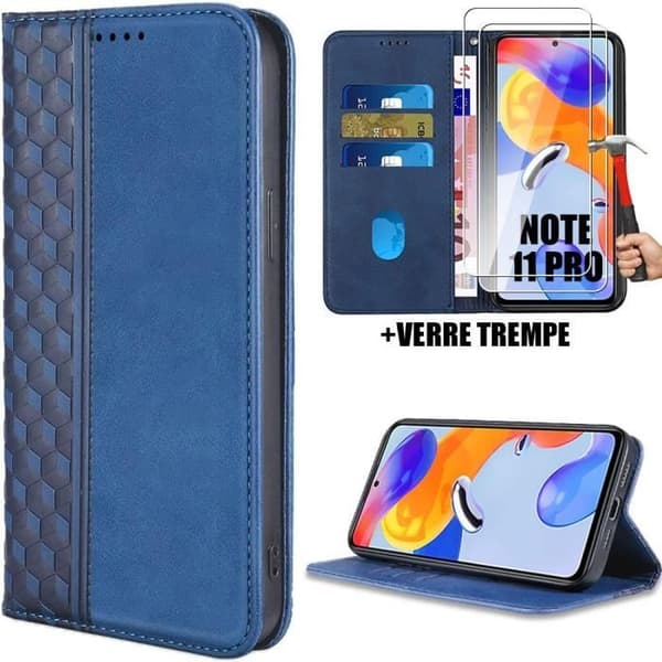 Coque - E.F.CONNECTION - För Xiaomi Redmi Note 11 Pro - Plånboksfodral i PU-läder - Härdat glas - Mörkblå marinblå