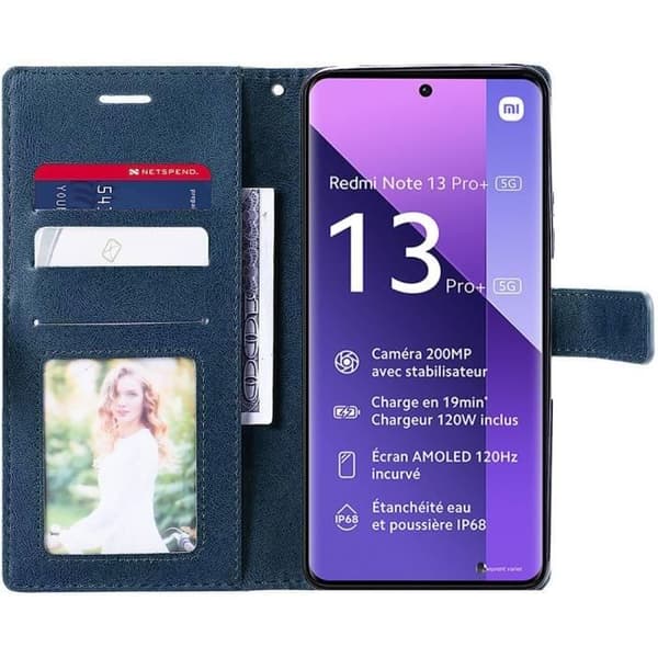 Coque - E.F.CONNECTION - För Xiaomi Redmi Note 13 Pro+ 5G - Stötsäker - Justerbar ställning - Marinblå PU-läder marinblå