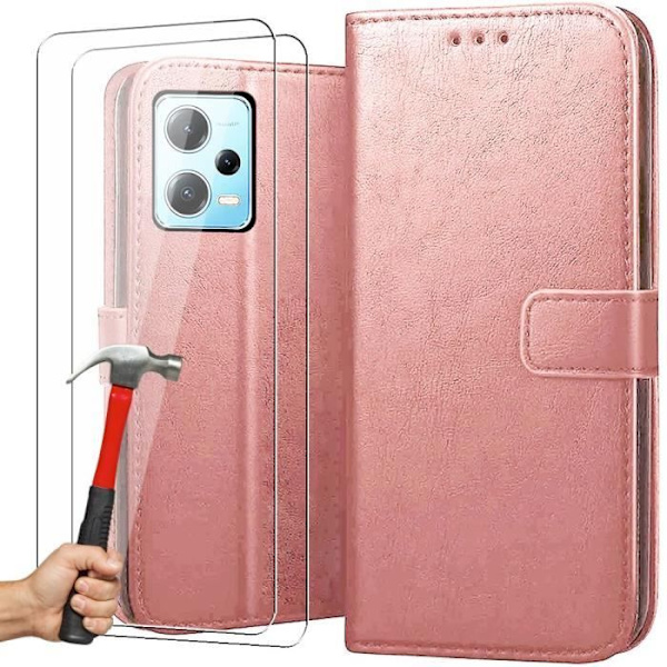 Fodral för Redmi Note 12 Pro+ - Fullt skydd Anti-Scratch Lädereffekt Rosa - Set med 2 härdade glasögon Rosa