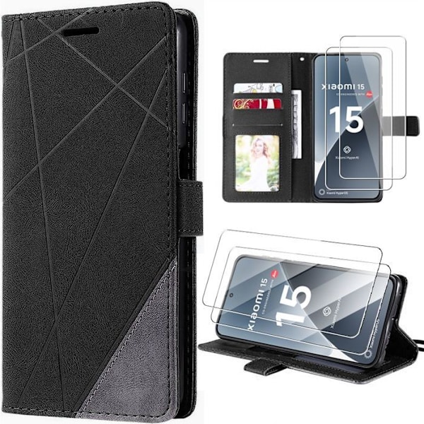 Coque + 2 Glas Med Anti-Ridser Stødsikker Beskyttelse Flip Cover i Syntetisk Læder Sort til Xiaomi 15 Svart