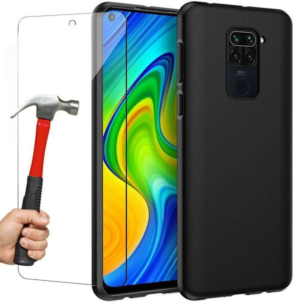 Skyddskal för Redmi Note 9 - E.F.CONNECTION - Mjuk Silikon - Svart - Härdat Glas Svart