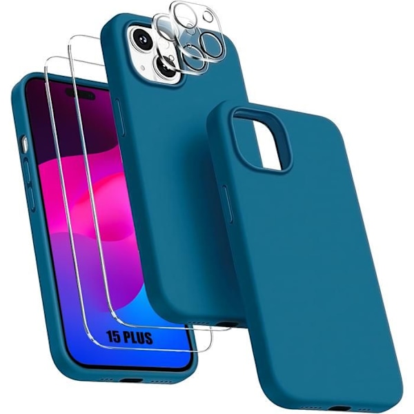 Skal för iPhone 15 Plus - Blått TPU-skydd + 2 härdade glasögon och 2 bakre kameraskydd