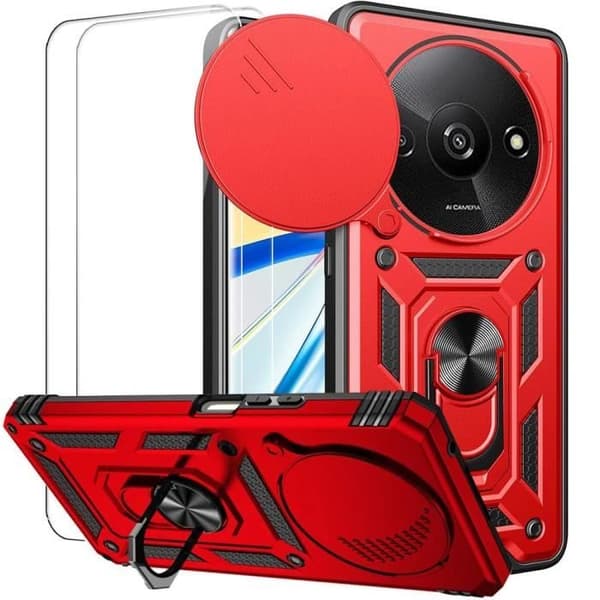 Coque - E.F.CONNECTION - För Xiaomi Redmi A3 - Stöttålig Bläckfisk - Rotating Ring Stöd - 2 Härdat Glas Röd