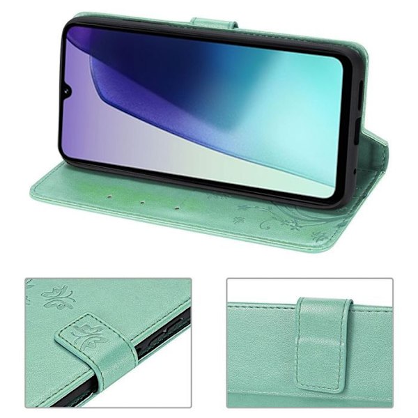 Coque + 2 Tårede Glas til Xiaomi Redmi 14C, Stødabsorberende Syntetisk Læder med Sommerfugl Blomst Mønster Grøn Grön