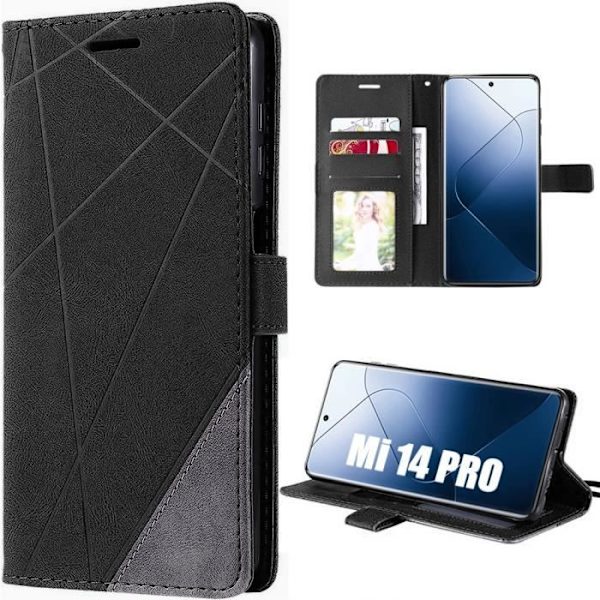 Taske til Xiaomi 14 Pro, Retro Anti-Shock lædereffekt etui med kortpladser og justerbar standerfunktion, sort