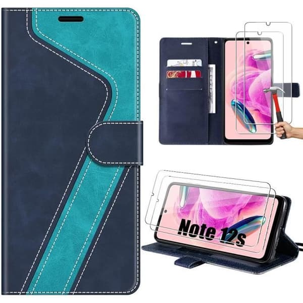 Coque - Xiaomi - Redmi Note 12S - PU Läder - 2 Härdat Glas - Optimal Skydd Blå