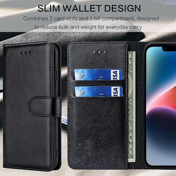 Etui + 2 hærdede briller til iPhone 14, elegant lædereffekt magnetisk lukning - sort