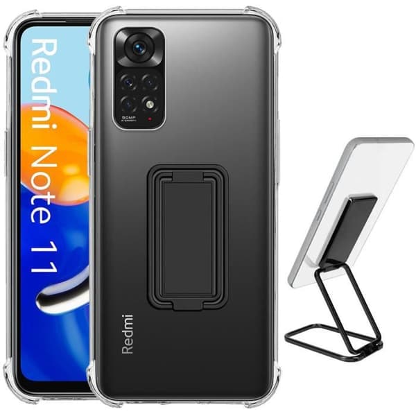 Skyddsskal - E.F.CONNECTION - för Xiaomi Redmi Note 11-11S - Stötsäker - Fällbart stativ - Svart transparent-svart