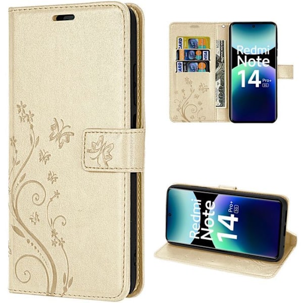 Coque för Xiaomi Redmi Note 14 Pro Plus 5G/Note 14 Pro+ 5G, Antichocksskydd i syntetiskt läder med gyllene fjärilsmönster gyllene