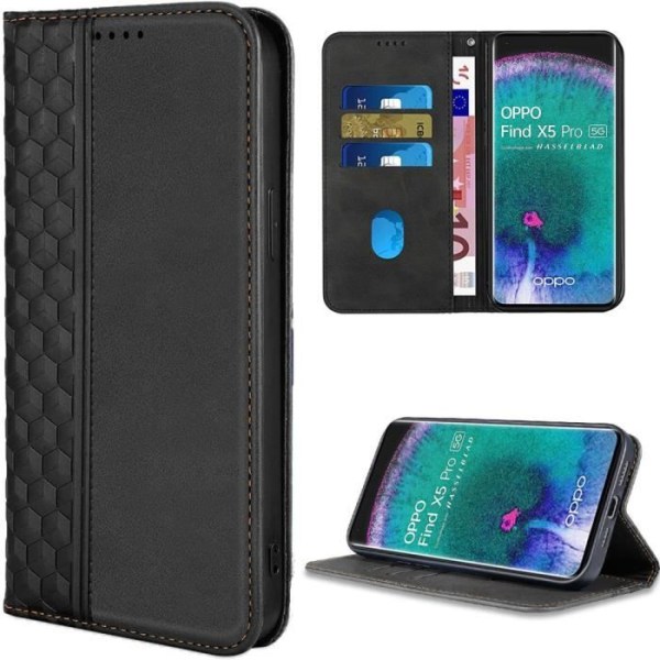 Coque - OPPO - Find X5 Pro - PU Læder Sort - Mosaikmønster - Video Stativ Svart