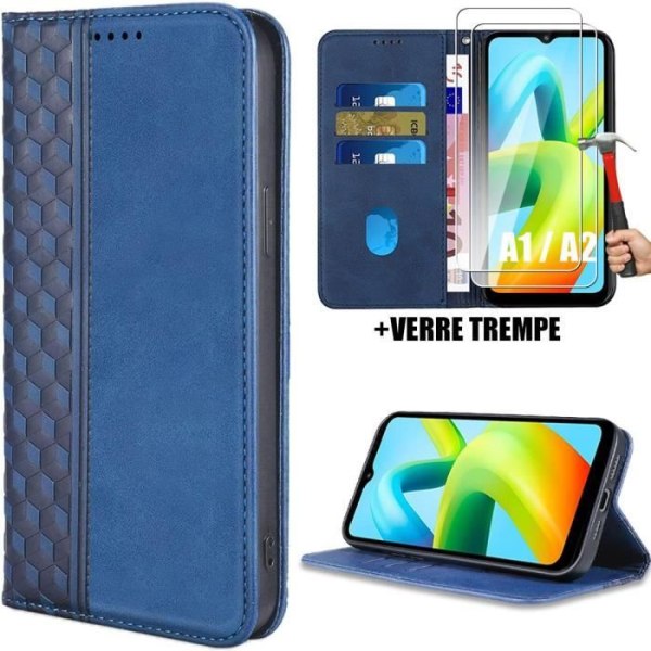 Coque - Xiaomi - Redmi A1/A2 - Læderlook - Mørkeblå - 2 Hærdet Glas marinblå
